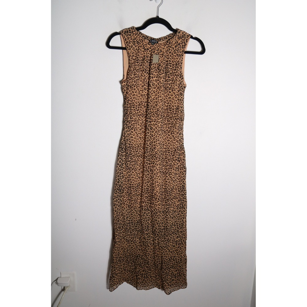 J. Crew Gathered Sleeveless Sheath Dress Leopard Chiffon 00 High Neck Slit Sheer